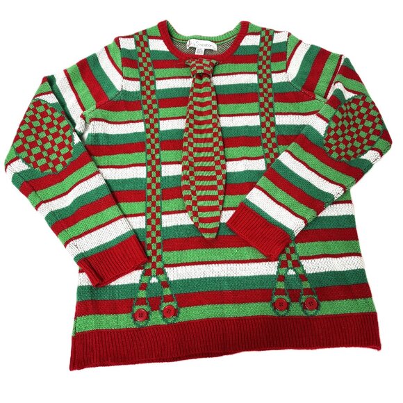 Jolly Ugly Christmas Sweater grn red white stripe faux suspenders EUC Size L - Picture 1 of 14